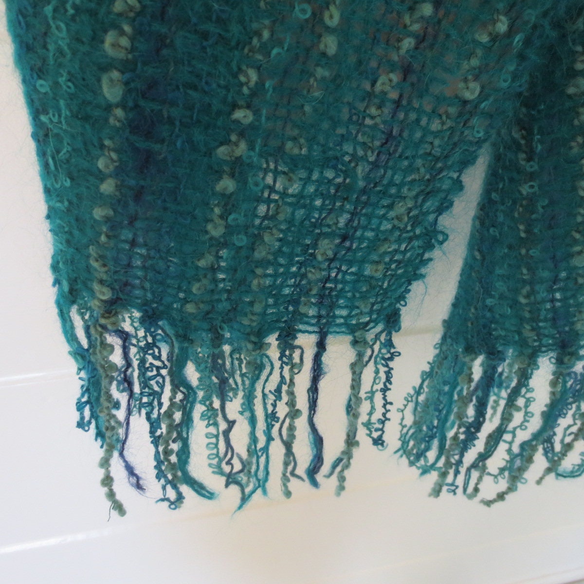 Handwoven Wool Winter Scarf Shawl Textured Teal Blue Sage Boucle Striped Fringed