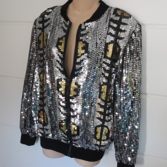 80's Disco Bomber Jacket Silk with Silver/Gold/Bla