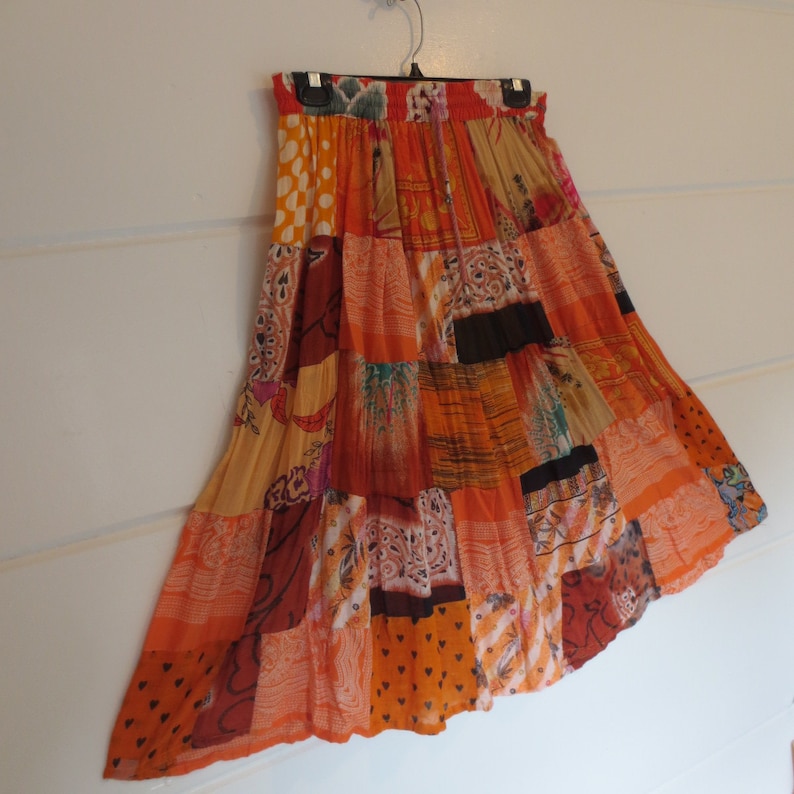 Bohemian Hippie Cotton Gauze Colorful Patchwork Gypsy Broomstick Skirt Mid Calf Size M