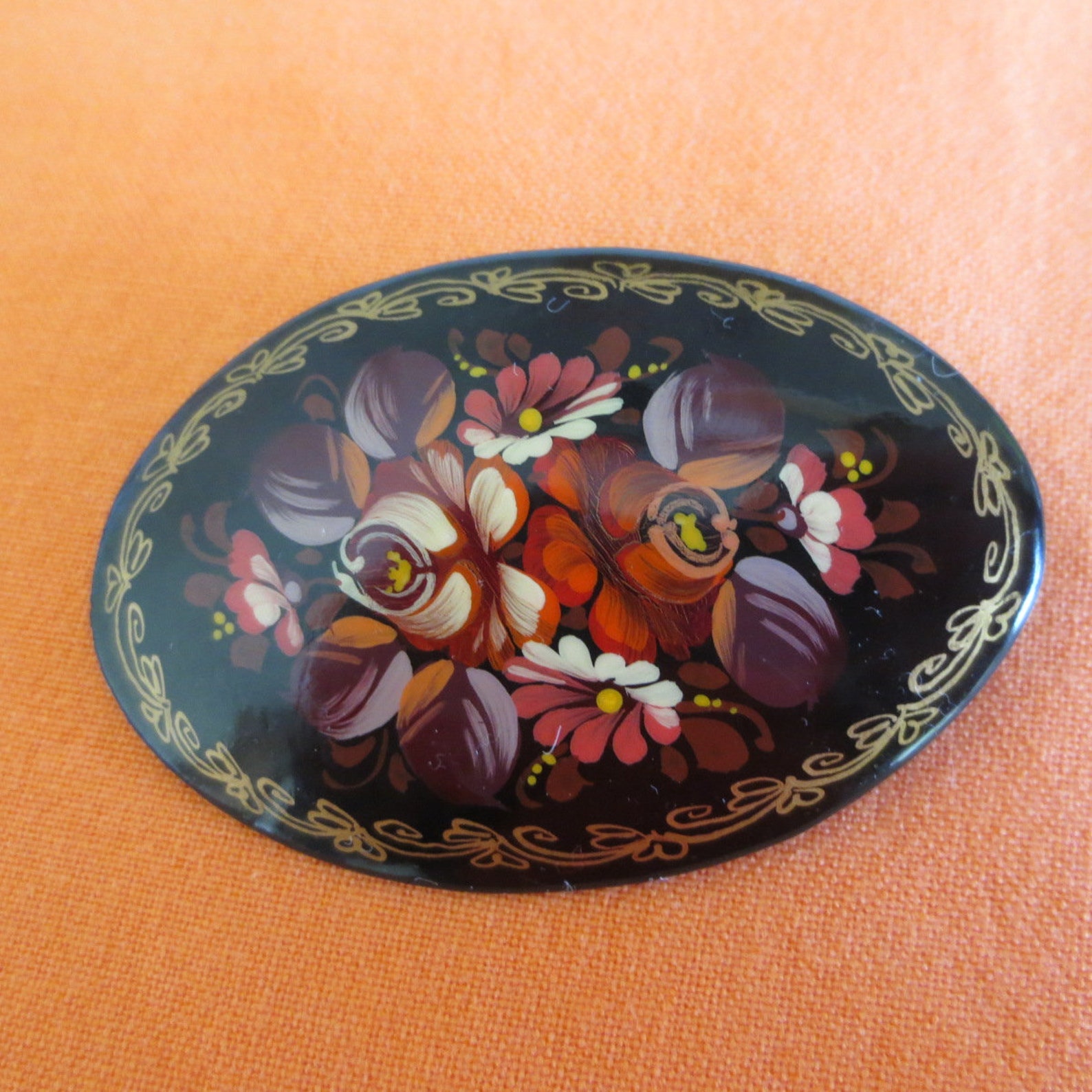 Vintage Russian Lacquer Wooden Brooch Hand Painted Flowers Etsy