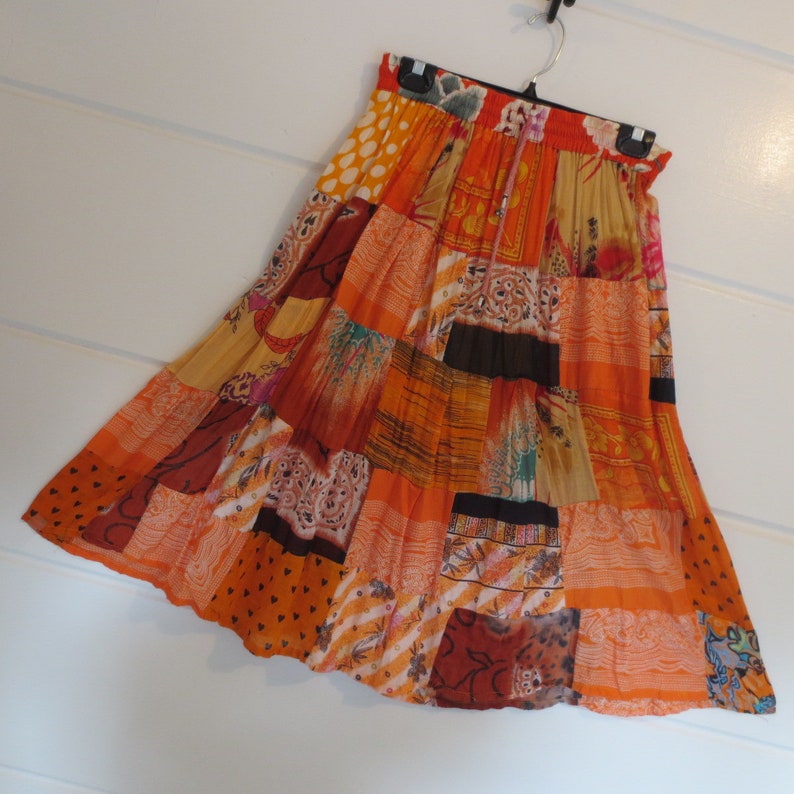 Bohemian Hippie Cotton Gauze Colorful Patchwork Gypsy Broomstick Skirt Mid Calf Size M