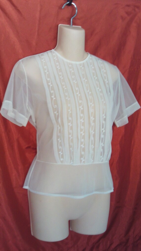 1940's Sheer Nylon White Blouse Embroidered Back B