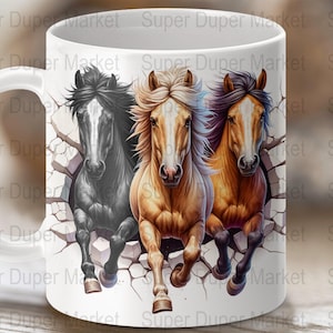 May include: White ceramic mug featuring a colourful image of three horses bursting through a wall. The horses are a black horse, a brown horse, and a white horse with brown markings.