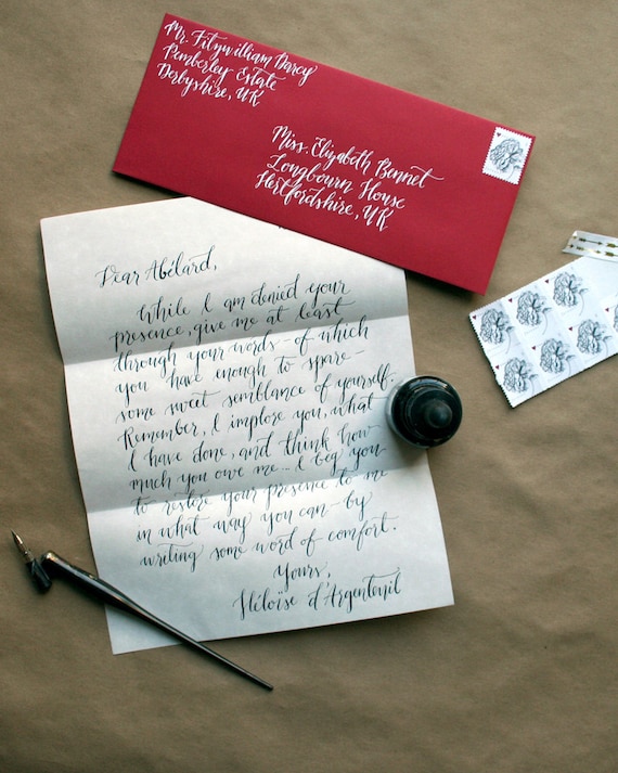 Handwritten love letter, Calligraphy on parchment paper, Addressed & mailed, Red or Coral envelope with wax 'l-o-v-e' seal