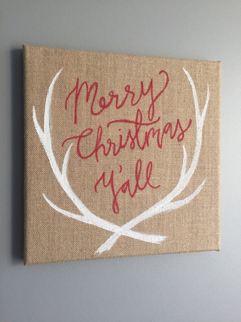 Merry Christmas Y'all Burlap 10x10 hand painted canvas image 1