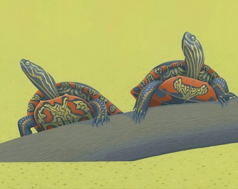 Painted Turtles: wildlife, art, illustration, painting, print
