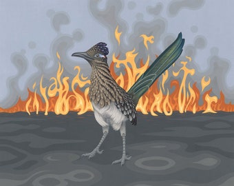 Könnte beinhalten: Ein Roadrunner mit langem Schwanz und einem gekrönten Kopf steht auf einer grauen Fläche vor einem Hintergrund aus orangefarbenen Flammen und grauem Rauch.