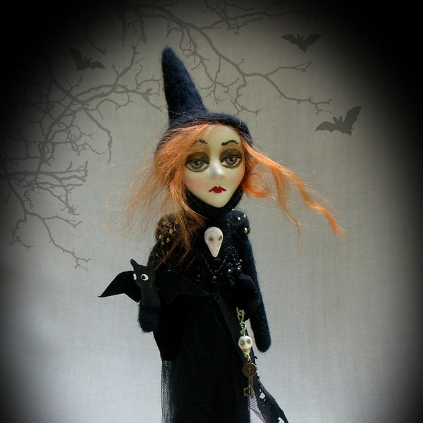 Witch with bat. Art doll. Needle felted doll. Gothic doll. Halloween decor. Soft sculpture. Felt doll. Goth. OOAK. Clay doll. Hand made doll