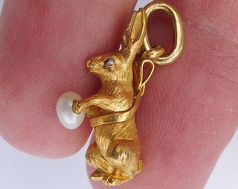 One Of The Most Important Art Nouveau Edwardian Circa 1900 14K Solid Gold Diamond eYes Pearl Egg Easter Bunny Rabbit Charm Pendant !