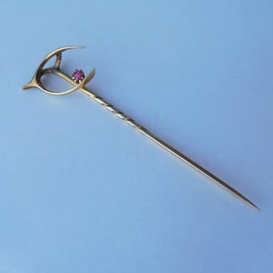 May include: A gold-toned hat pin with a decorative top and a twisted stem. The top features a stylized bird design with a small, round, red gemstone. The pin is set against a light blue background.