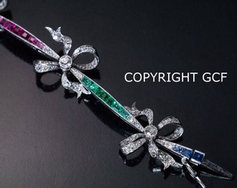 Fabulous Art Nouveau Belle Epoque Edwardian Circa 1900 to 1910 Platinum Diamonds Bow Ribbons Emeralds Rubies Sapphires Bracelet !