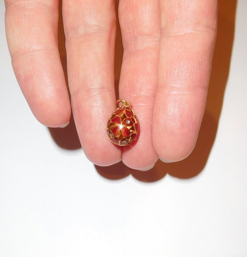 Spectacular One Of the Most Important Circa 1897-1902 Imperial 14K Gold Diamonds Red Enamel Clover Shamrock Easter Ostara Egg Pendant Charm image 3