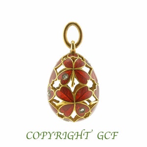 Spectacular One Of the Most Important Circa 1897-1902 Imperial 14K Gold Diamonds Red Enamel Clover Shamrock Easter Ostara Egg Pendant Charm image 2