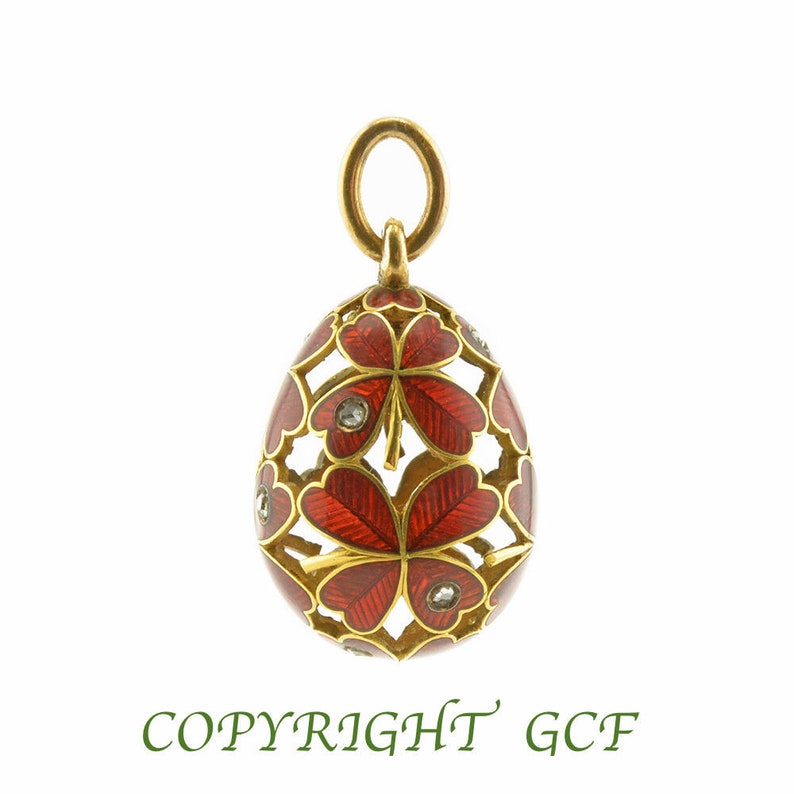 Spectacular One Of the Most Important Circa 1897-1902 Imperial 14K Gold Diamonds Red Enamel Clover Shamrock Easter Ostara Egg Pendant Charm image 2