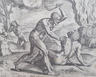 Authentic Original Renaissance 16th Century Copper Engraving of Cain Slaying Abel by Jan Sadeler ! Northern Renaissance Jewish Biblical