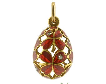 Spectacular One Of the Most Important Circa 1897-1902 Imperial 14K Gold Diamonds Red Enamel Clover Shamrock Easter Ostara Egg Pendant Charm