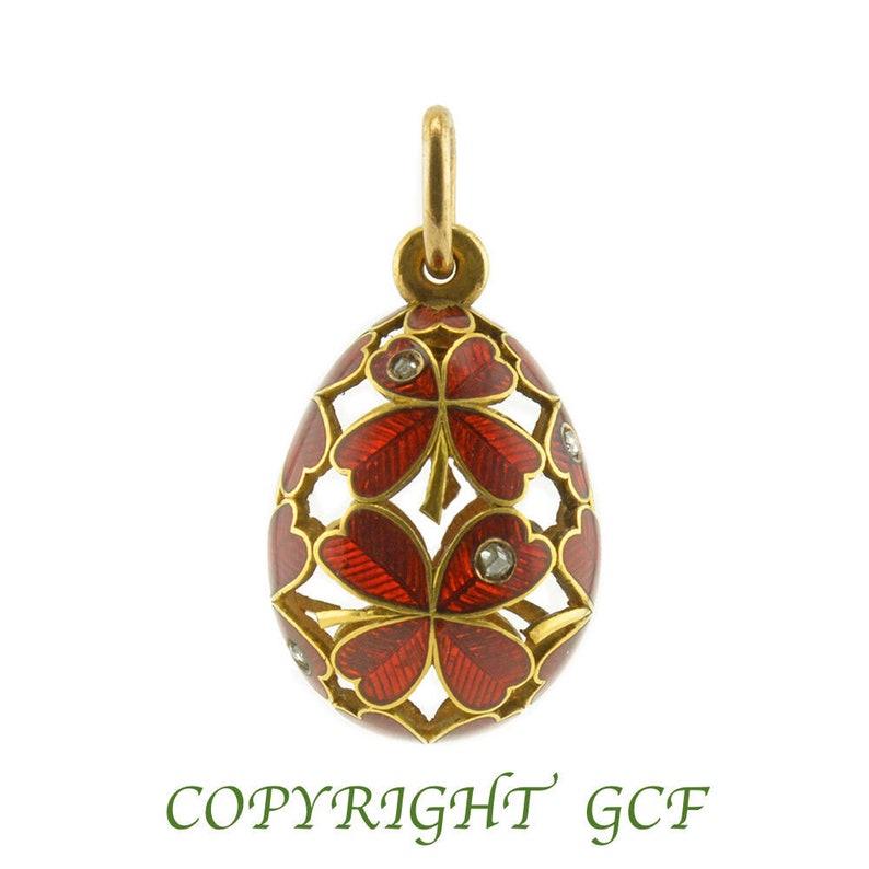 Spectacular One Of the Most Important Circa 1897-1902 Imperial 14K Gold Diamonds Red Enamel Clover Shamrock Easter Ostara Egg Pendant Charm image 1