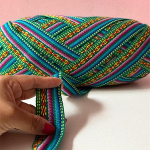 Cinta Verde Geométrica Jacquard, cinta peruana, cinta étnica cortada a medida, cinta decorativa tribal