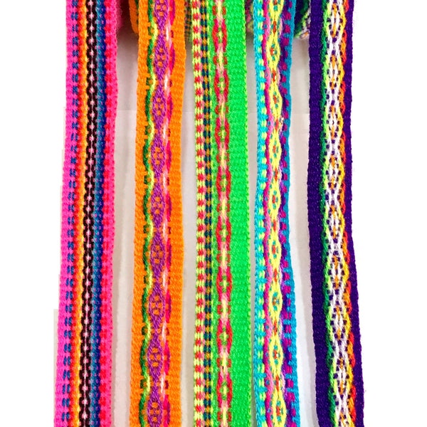 Pack of 5 Peruvian Geometric Ribbons, Colorful Ethnic Woven Jacquard Trim, Decorative Ribbon for Crafts & DIY Projects, Unique Boho Gift