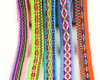 Peruvian Geometric Ribbon Trim, Colorful Jacquard, Boho Style, Pack of 5