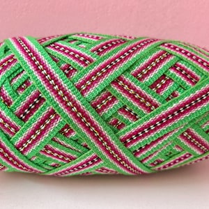 Green Pink Geometric Ribbon - 5 Meter Jacquard Woven Trim, Ethnic Decorative Ribbon - Ideal for DIY Projects, Craft Supplies Gift