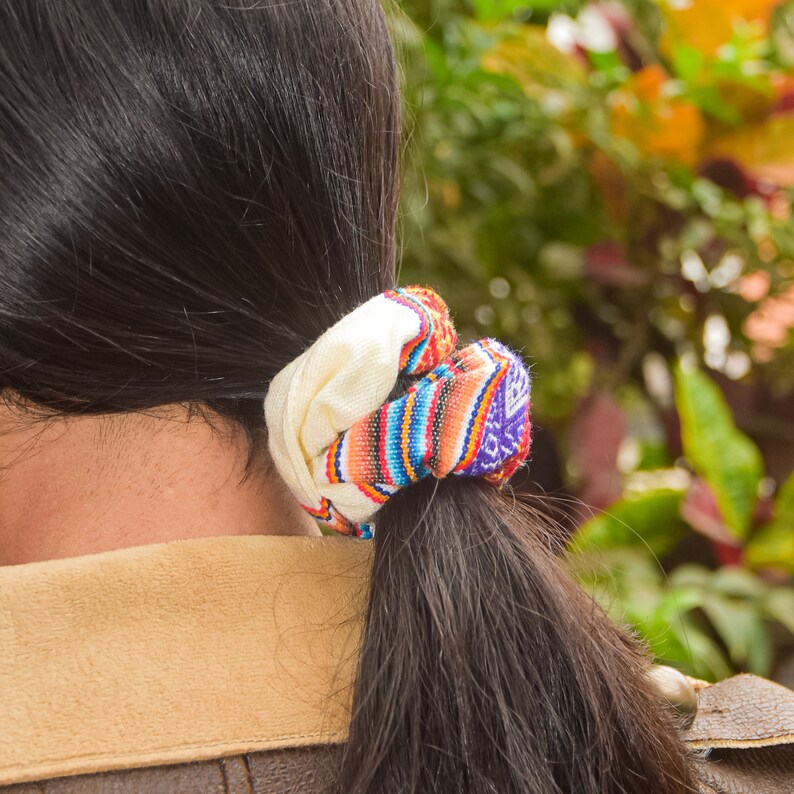 Pack 3 Scrunchie Fabric Ethnic Hair Ties, Boho Aztec Hair Elastic, Ponytail Holder for women, Ethnic Scrunchy, Soft Elastic Bun Wrap image 8