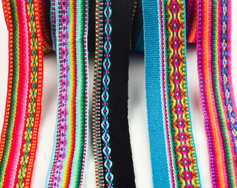 Pakket van 5 levendige Peru geometrische linten, Azteekse etnische jacquardversiering, ideaal voor ambachtelijke projecten, Boho cadeau-idee