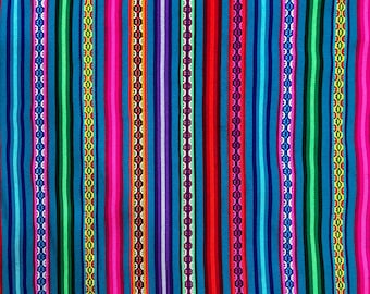 Peruvian Turquoise Stripe Fabric by Yard, Authentic Mexican Serape Blanket Material, Great for DIY Home Decor Projects, Sewing Lover Gift