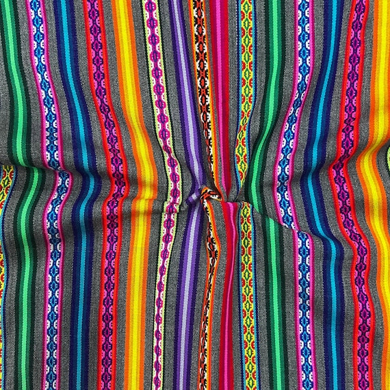 Gray Striped Peruvian Fabric, Boho Ethnic Textile By The Yard