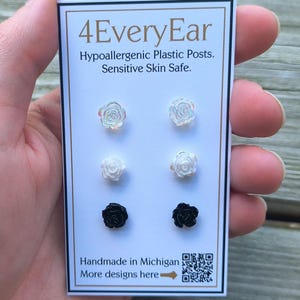 Dainty Flower Stud Earrings 3-Pack: Hypoallergenic Plastic Posts, NonMetal, Nickel Free, Sensitive Ears, Kids & Adults Floral Studs