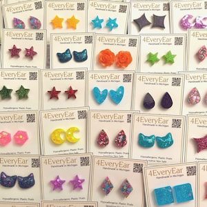 Mystery Box Earrings 25 Pair Surprise | Stud Earrings Hypoallergenic Plastic Posts NonMetal Sensitive Ears | Custom Made Earrings Bulk Gift