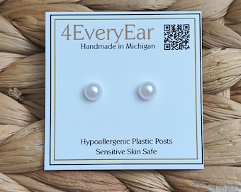 Hypoallergenic Dainty White Pearl Stud Earrings, 6mm Imitation Pearl Resin Cabochon, Plastic Post Sensitive Ears, No Metal Glue Free