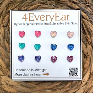 6-Pair Plastic Post Earring Set, Gentle on Sensitive Ears, Glue-Free Resin Encapsulated Studs, Druzy Hearts, Earring Gift Set for Her