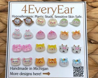12-Pair Plastic Post Earring Set, Gentle on Sensitive Ears, Glue-Free Resin Encapsulated Studs, Kawaii Animals Theme, Earring Gift Set