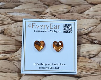 Orange Rhinestone Heart Stud Earrings: Hypoallergenic Plastic Posts | FREE SHIPPING