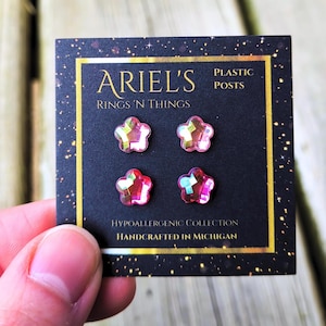 2 Pair Flower Earring Set | Plastic Post Earrings Hypoallergenic Sensitive Skin NonMetal Nickel Free | Stud Earring Bundle | Mom Gift Kids