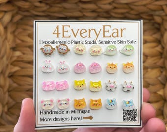Animal Stud Earring Set: Hypoallergenic Resin, 12 Pairs