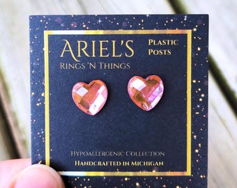 Pink Rhinestone Heart Stud Earrings: Hypoallergenic Plastic Posts