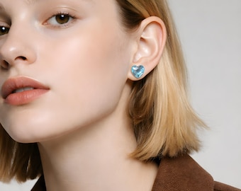Heart Stud Earrings | Blue Rhinestones | Plastic Post Non Metal Studs Hypoallergenic | Lover Geometric Minimalist Spring | Mom Kids Gifts