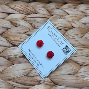 Red Rhinestone Earrings: Hypoallergenic Plastic Studs, Sensitive Ears