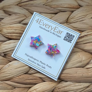 Glitter Star Stud Earrings: Hypoallergenic Plastic Posts, Resin Charms