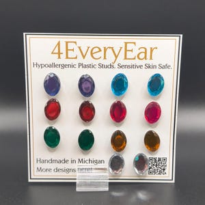 Hypoallergenic Plastic Stud Earrings 7 Pack, 10x12mm Oval Rhinestone Studs for Sensitive Ears, Metal Free Jewel Tone Earring Gift Set