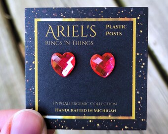 Rose Pink Rhinestone Heart Stud Earrings: Hypoallergenic Plastic Posts | FREE SHIPPING