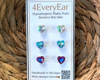 Heart Stud Earrings 3-Pack: Hypoallergenic Plastic Jewelry
