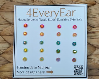 10 Pair Micro Pastel Rhinestone Stud Earrings – Hypoallergenic Plastic Posts, Lightweight Sensitive Ear Friendly Jewelry Set