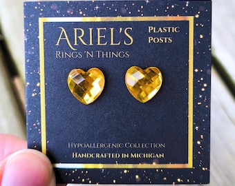 Heart Stud Earrings | Gold Rhinestones | Plastic Post Non Metal Studs Hypoallergenic | Lover Geometric Minimalist Spring | Mom Kids Gifts