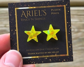 Yellow Star Stud Earrings: Hypoallergenic Resin, Non-Metal Jewelry