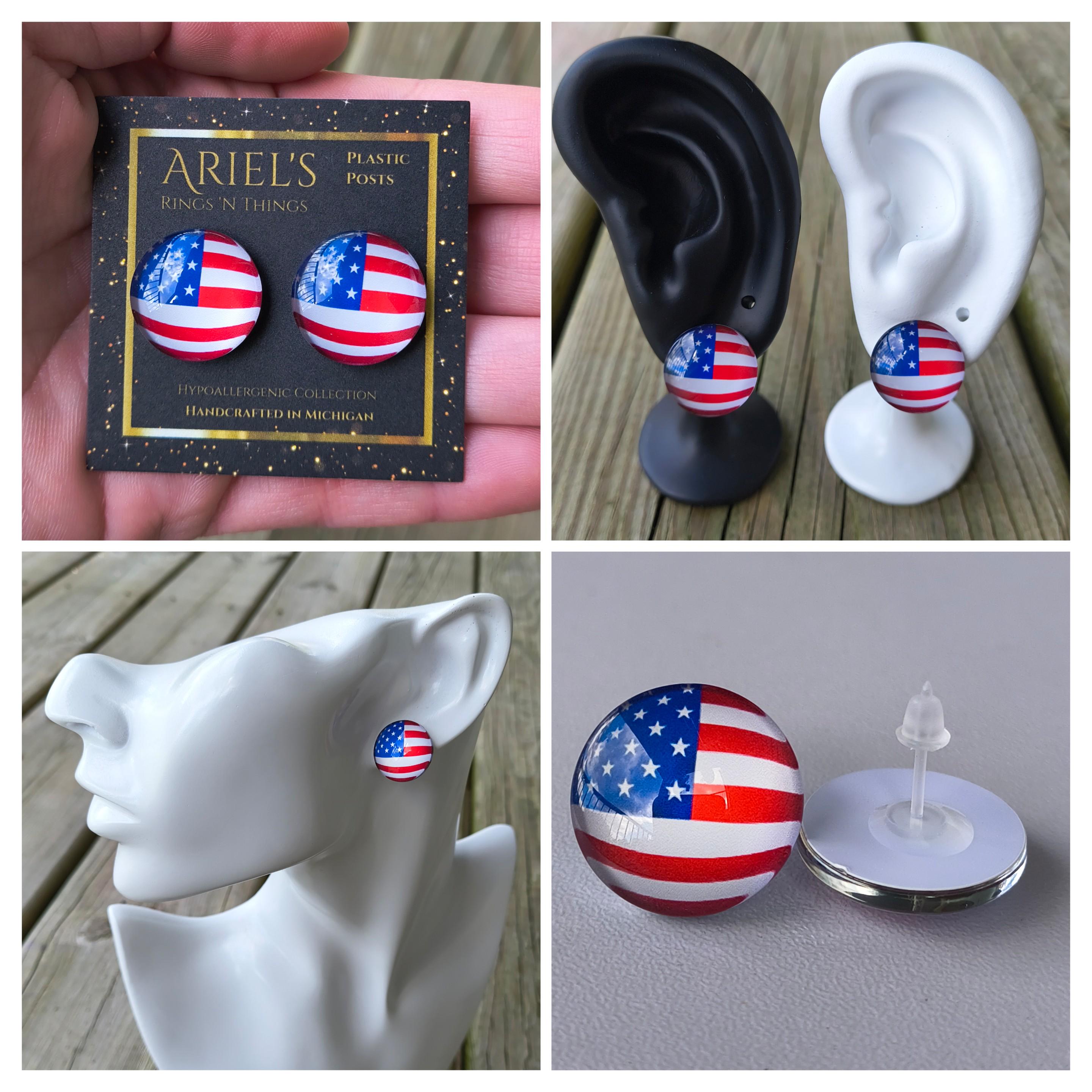 Patriotic American Flag Stud Earrings - Plastic, 1.25" Tall, Surgical Steel Posts, Fun Fashion Earrings - View #10