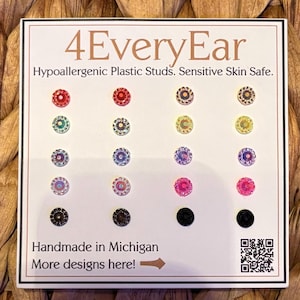 10-Pack Hypoallergenic Plastic Stud Earrings, Dainty 6mm Round Rhinestone Studs for Sensitive Ears, Metal Free Tiny Sparkle Earrings