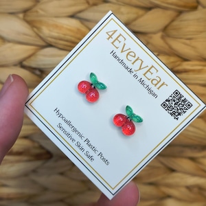 Kawaii Cherry Stud Earrings for Sensitive Ears | Hypoallergenic Plastic Post Fruit Earrings | Cute Summer Jewelry
